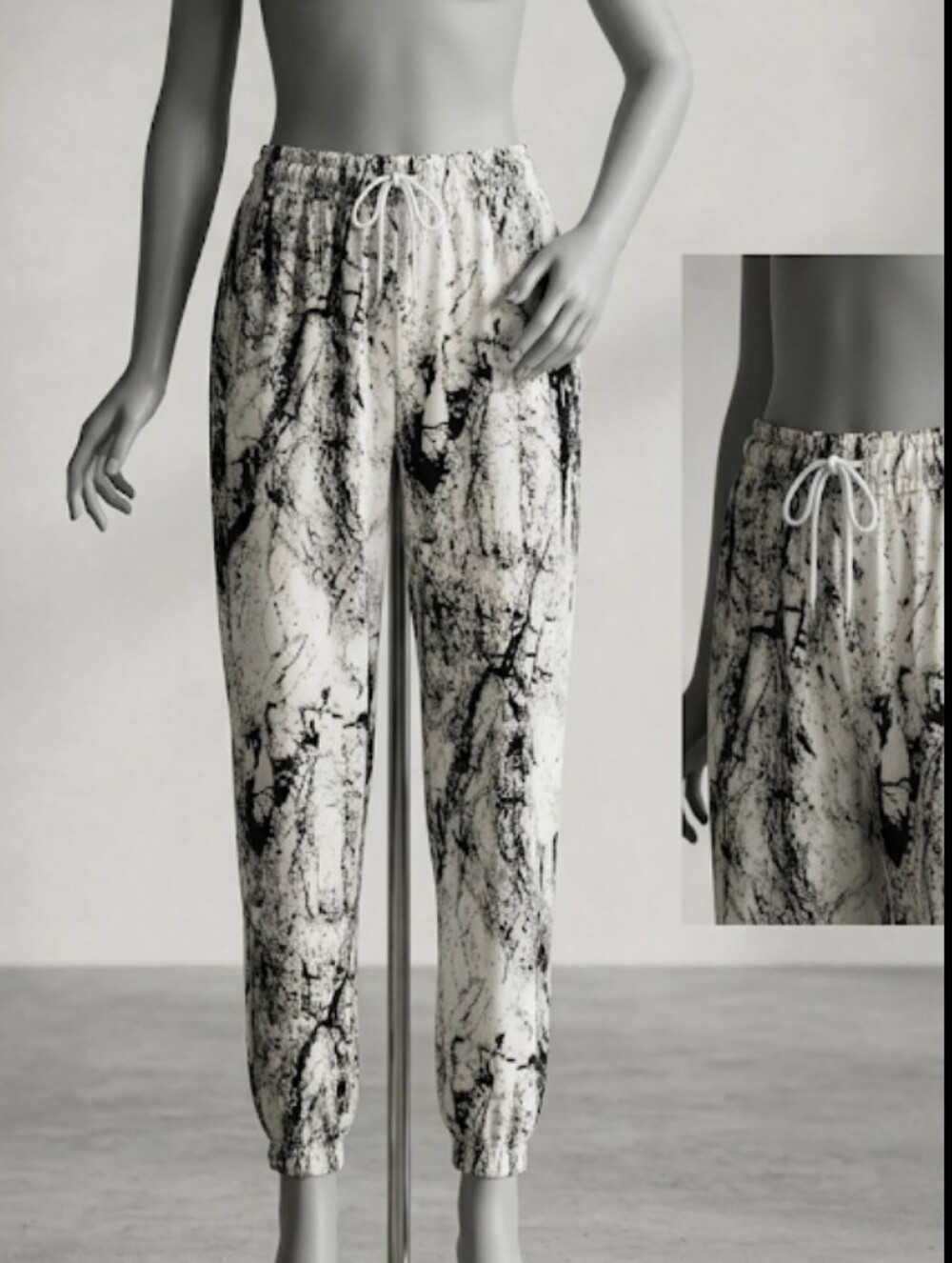 Marble-Print Drawstring Jogger Pants - White/Black (Sz S/M) Elastic Waist Flowy